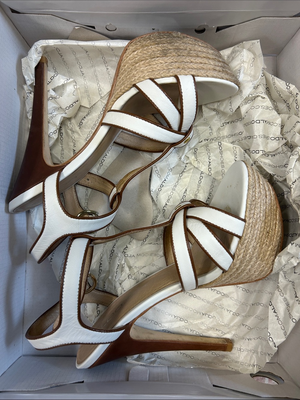 Aldo White and Tan Espadrille Platform T‑Strap Heels - Picture 3 of 8